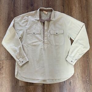 VTG 80s Brittania Tan Pullover Shirt Long Sleeve button up Brown Trim Mens L